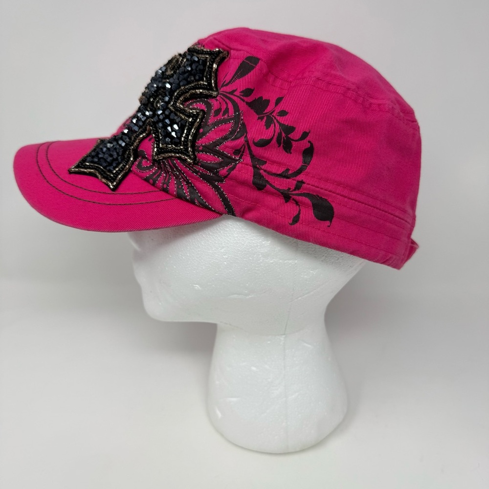 KBethos Women's Pink Bling Cadet Cap with Black Rhinestone Cross Embellishment - Picture 3 of 11